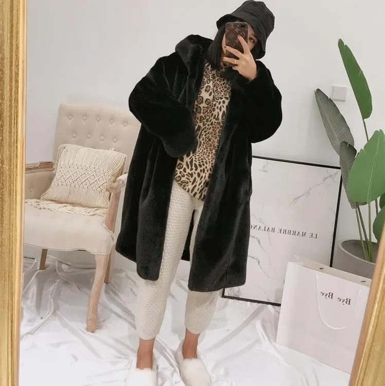 Faux Fur Solid Colors Hooded Long Coat