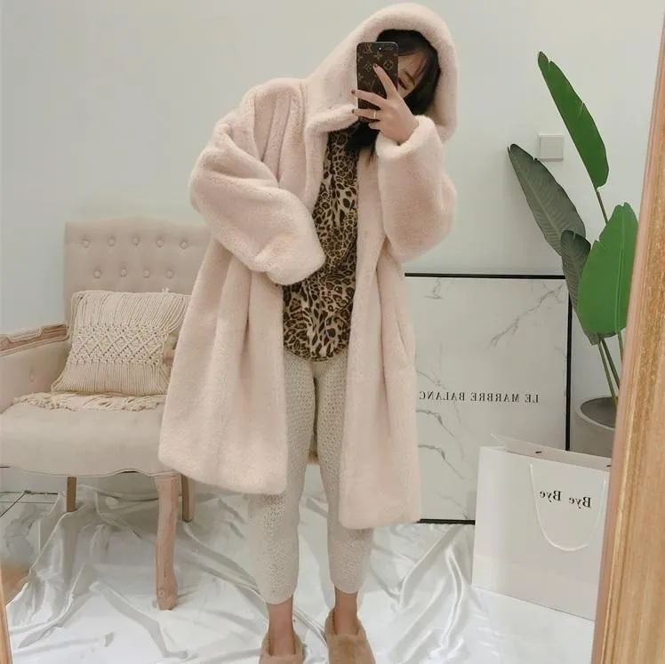 Faux Fur Solid Colors Hooded Long Coat