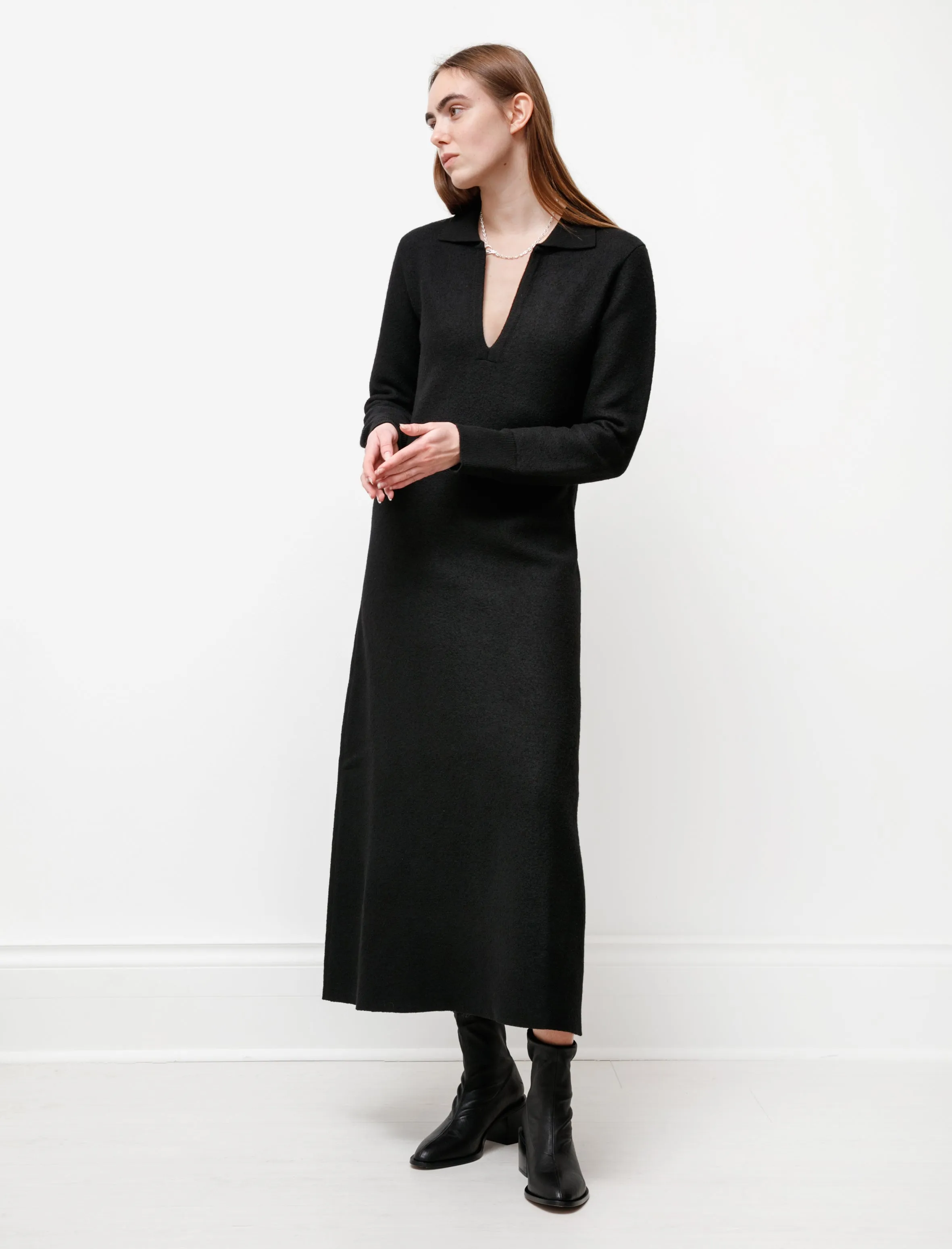 Felted Wool Polo Dress Black