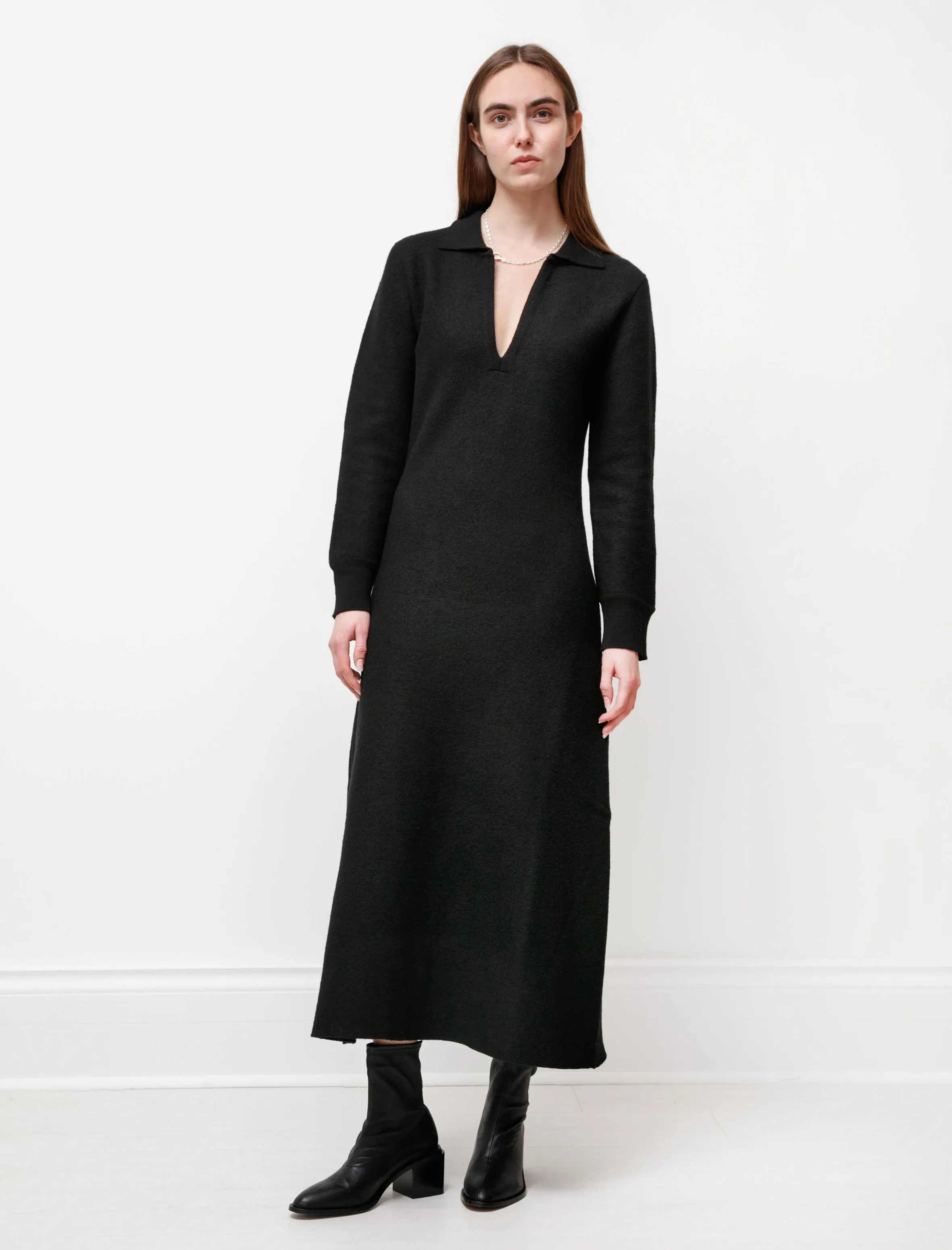 Felted Wool Polo Dress Black