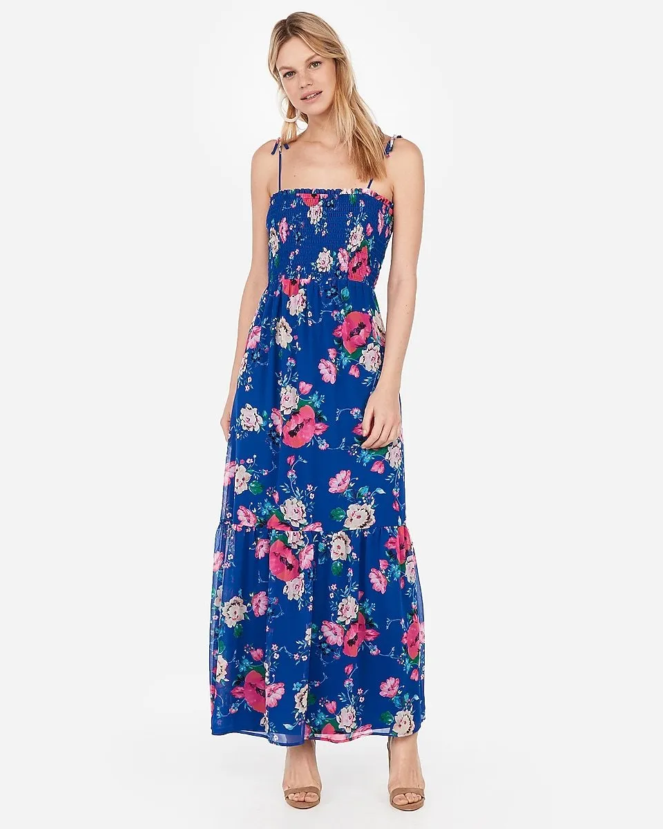 Floral Smocked Tie Strap Flounce Maxi Dress in Print-Blue