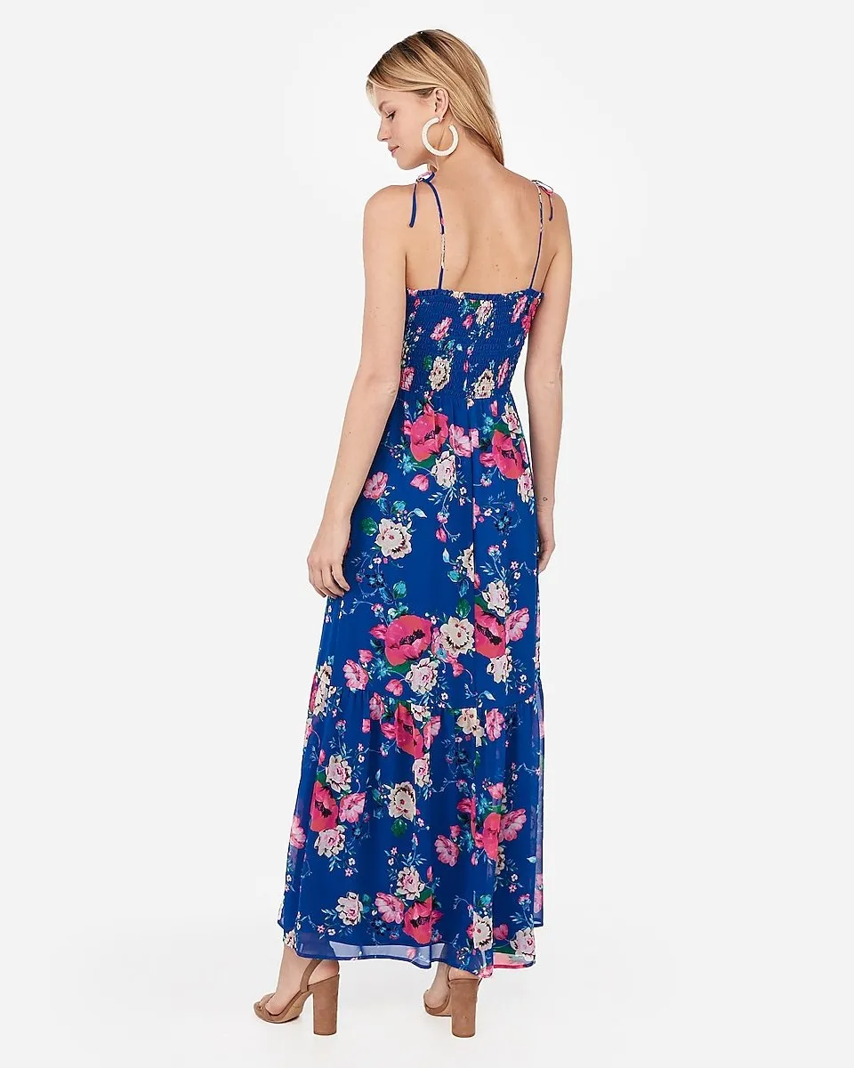 Floral Smocked Tie Strap Flounce Maxi Dress in Print-Blue