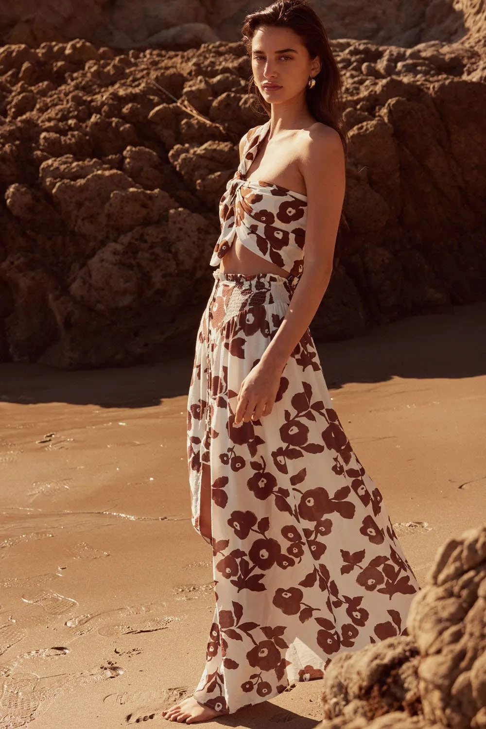 Floral Yoke Smocked-Waist Maxi Skirt