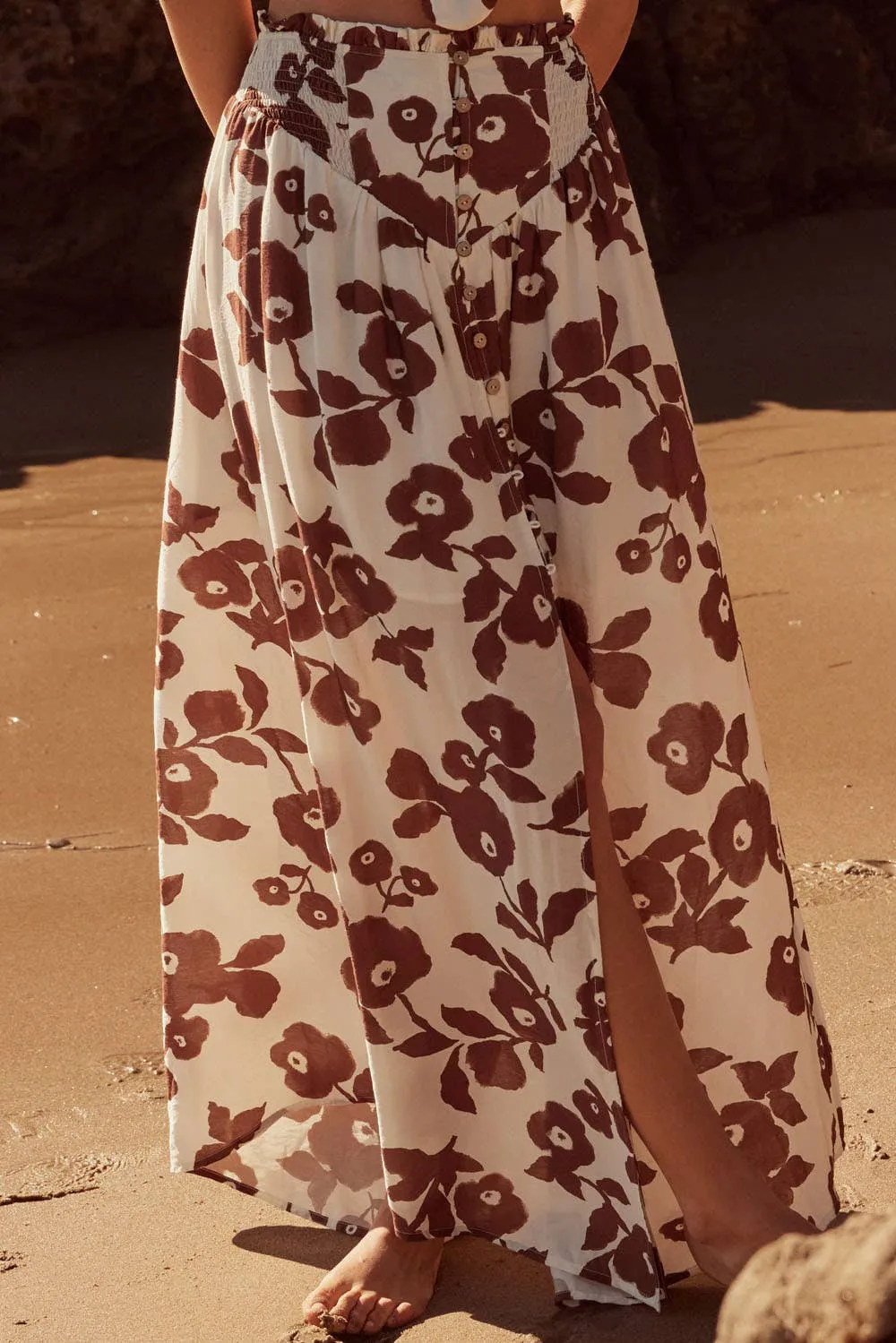 Floral Yoke Smocked-Waist Maxi Skirt