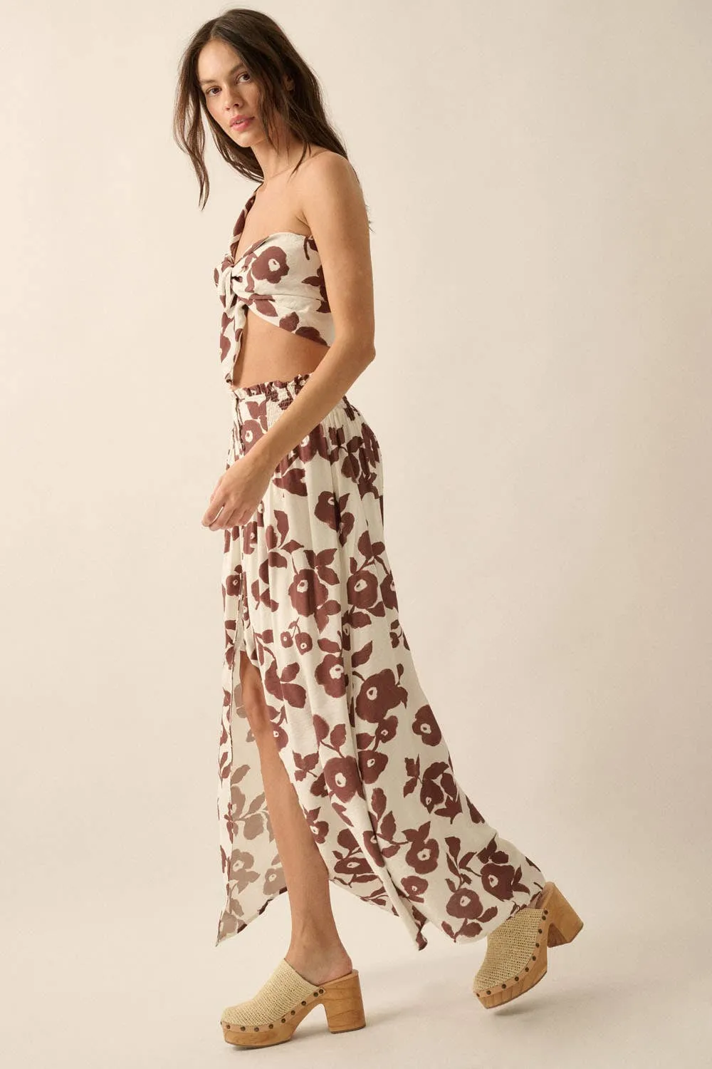 Floral Yoke Smocked-Waist Maxi Skirt