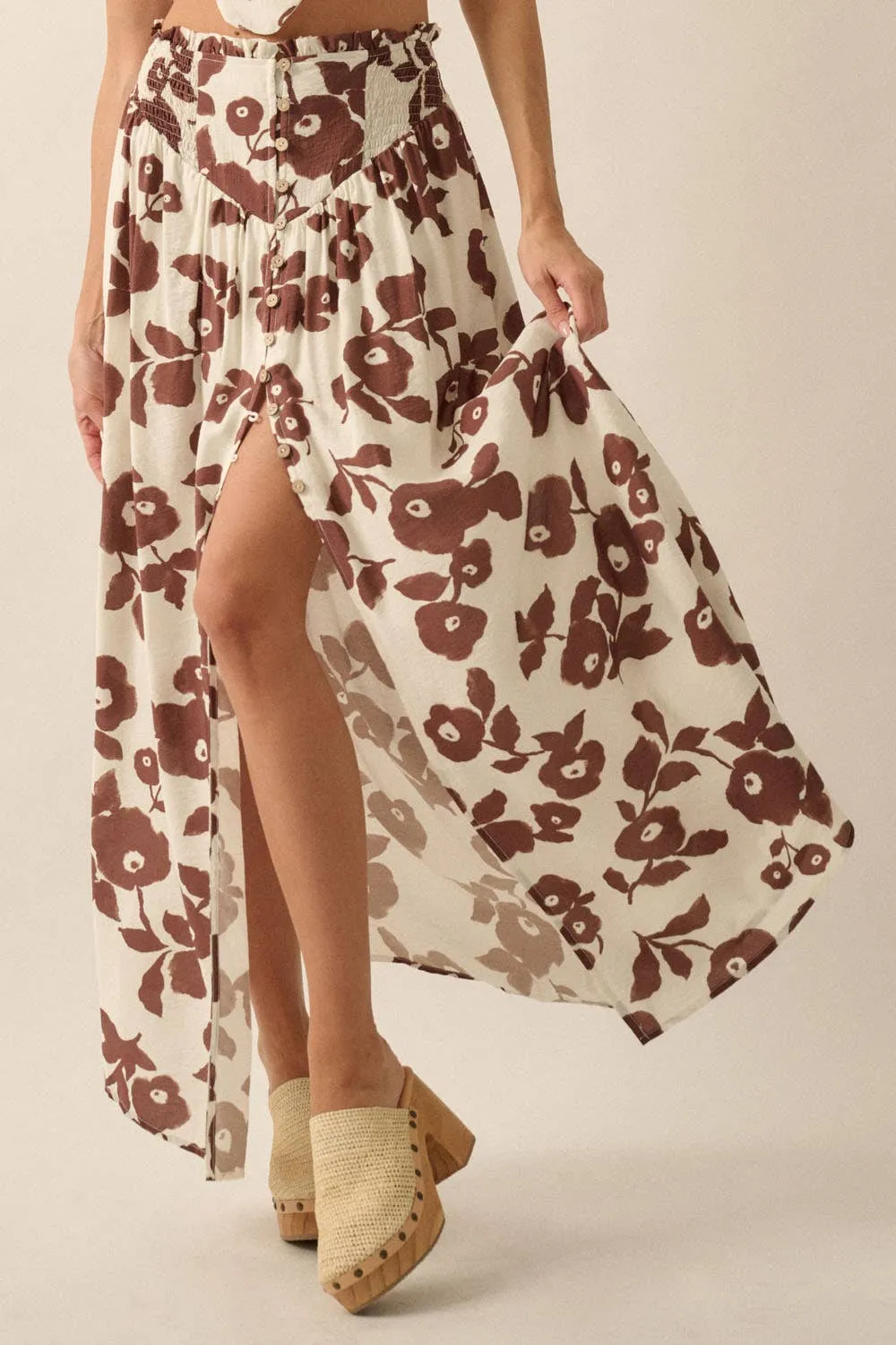 Floral Yoke Smocked-Waist Maxi Skirt