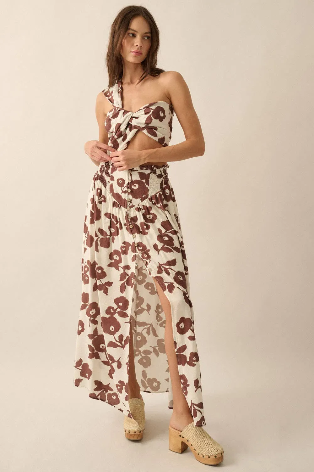 Floral Yoke Smocked-Waist Maxi Skirt