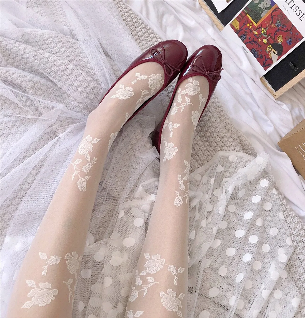 Flower embroidery sheer mesh tights