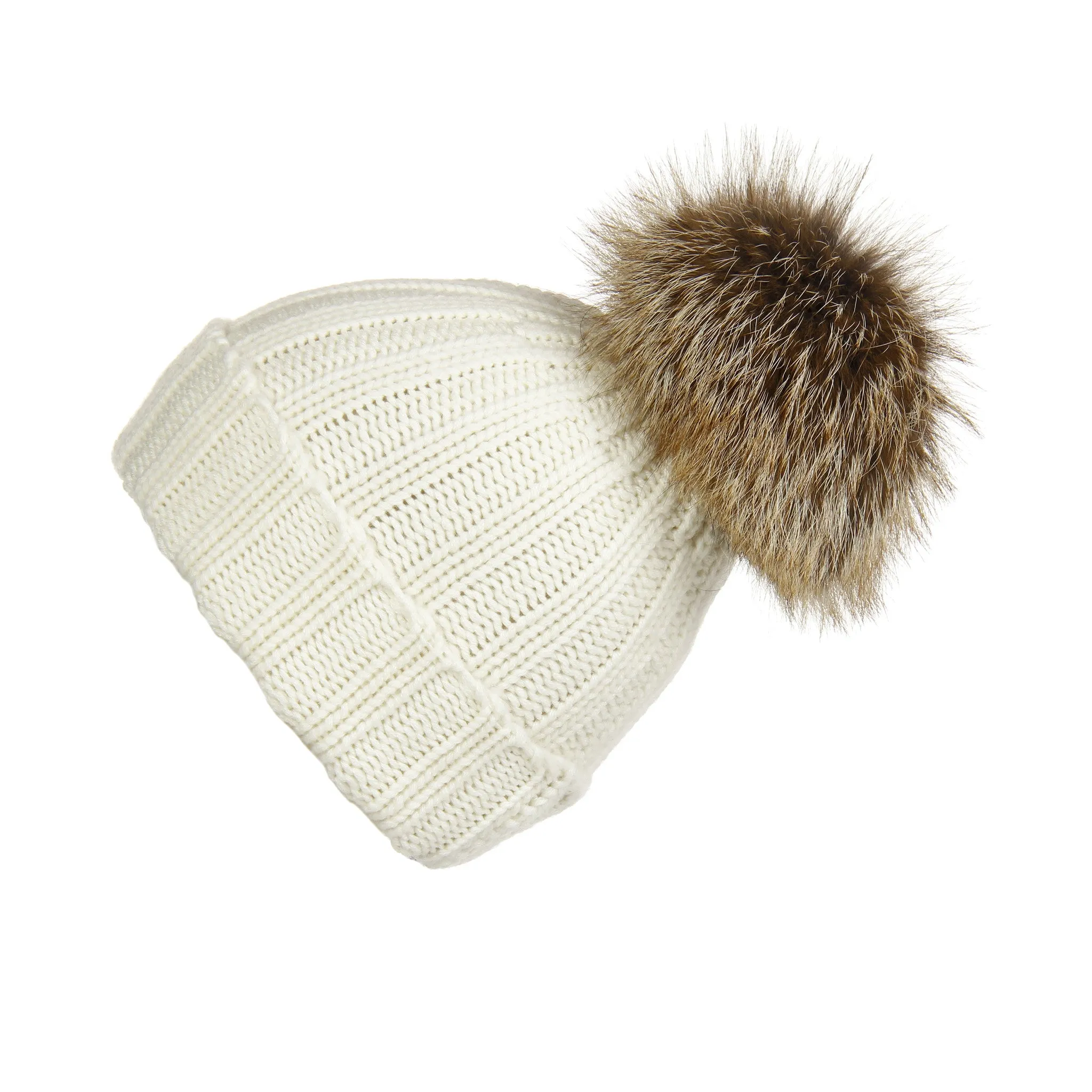 Fold-Over Ivory Cashmere Hat with Caramel Pom-Pom