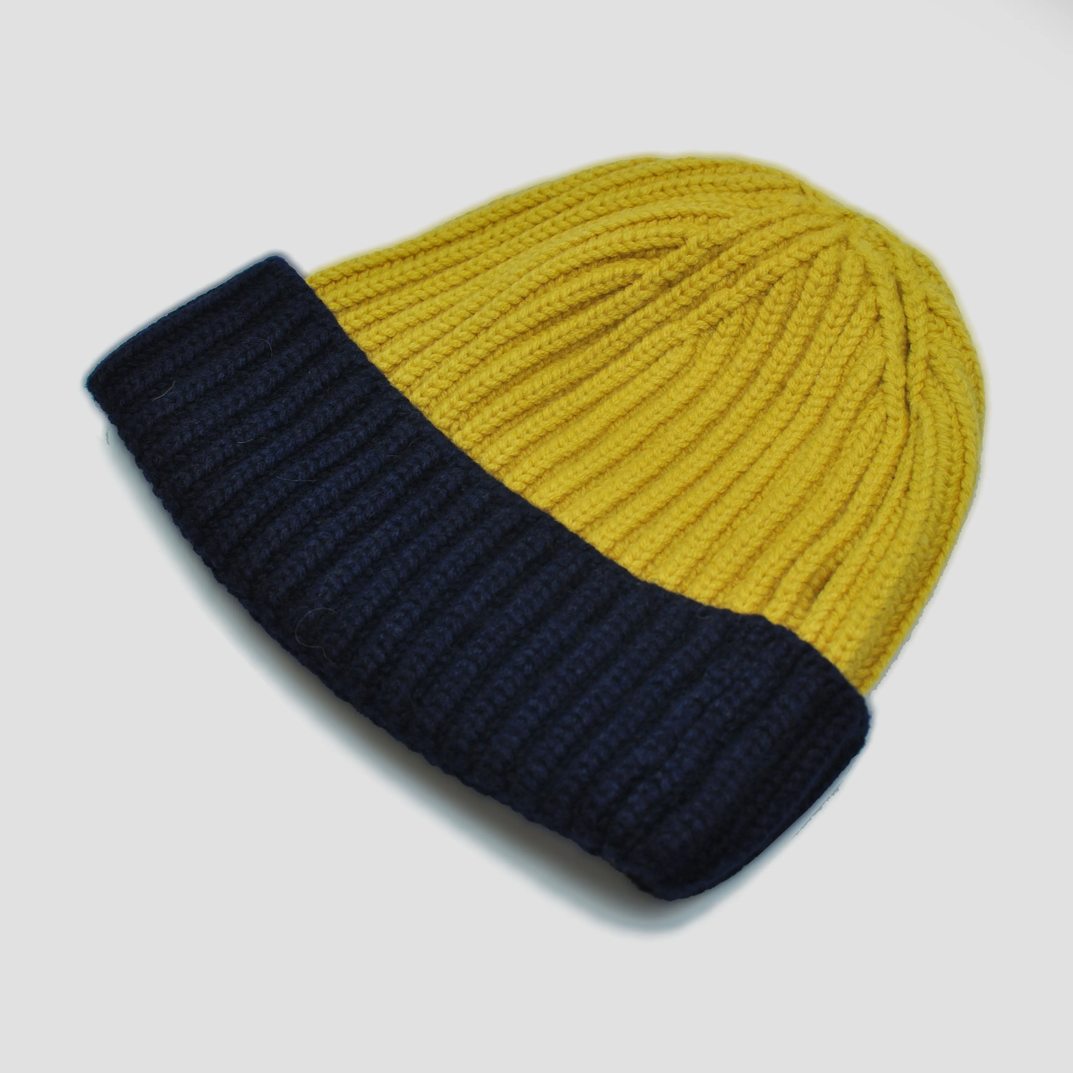 Four Ply Cashmere Winter Beanie in Yellow & Blue