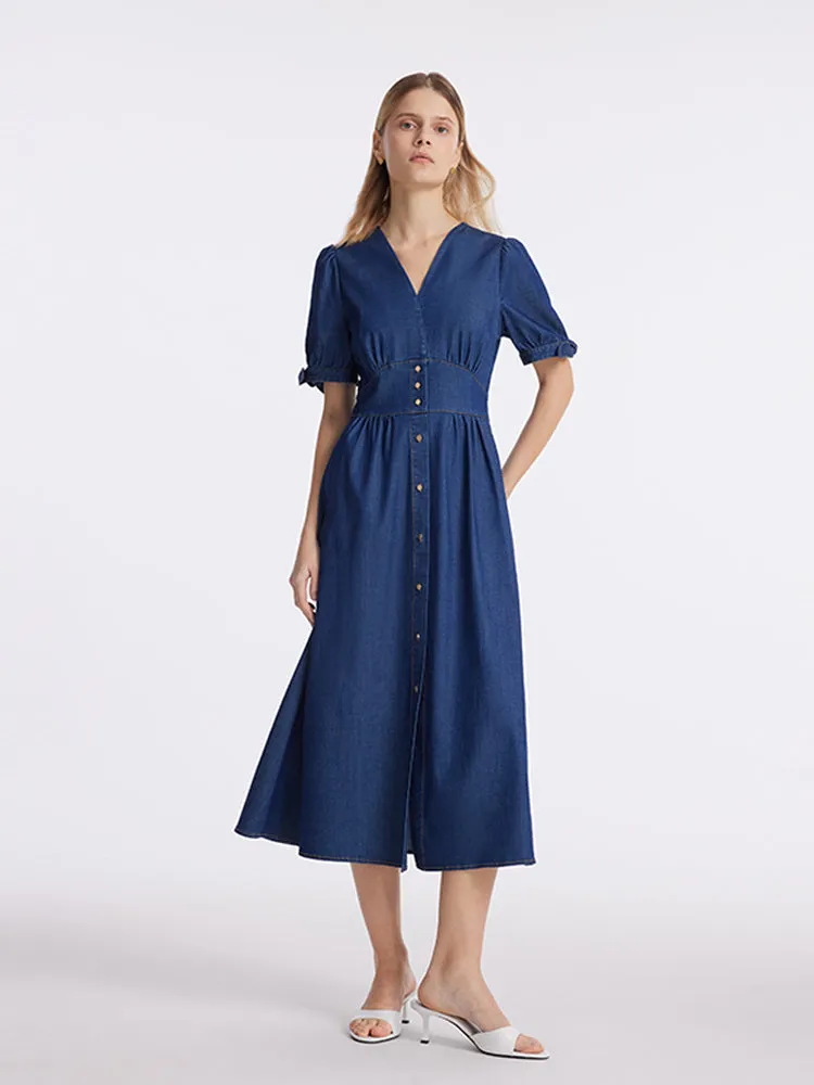 Gathered Waist Denim Women Midi Dress