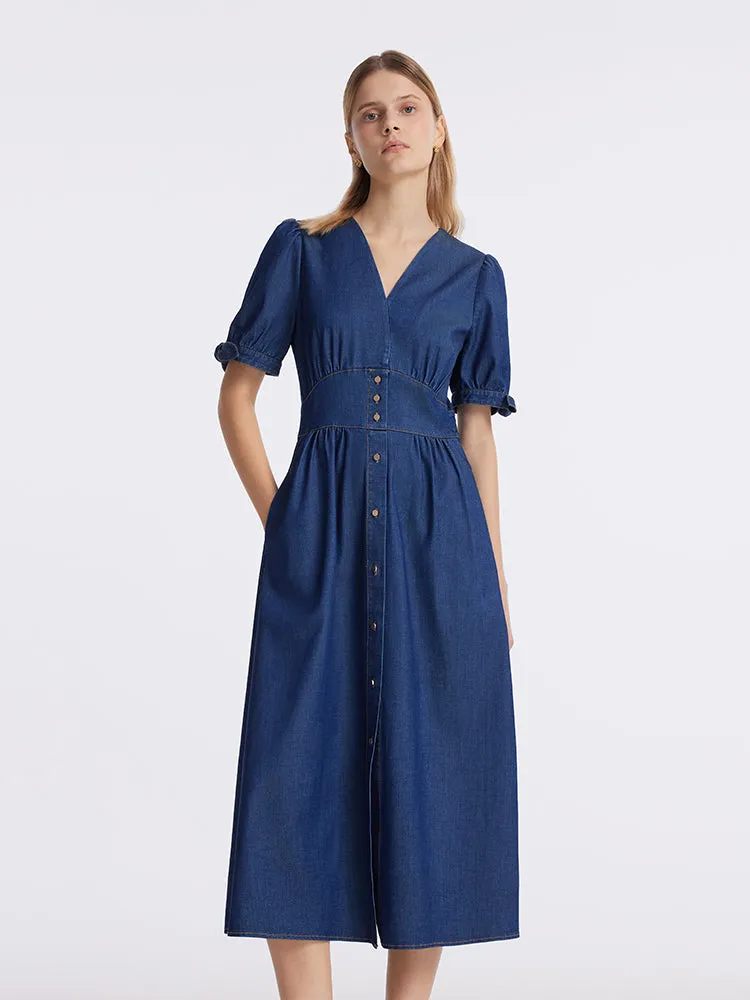 Gathered Waist Denim Women Midi Dress