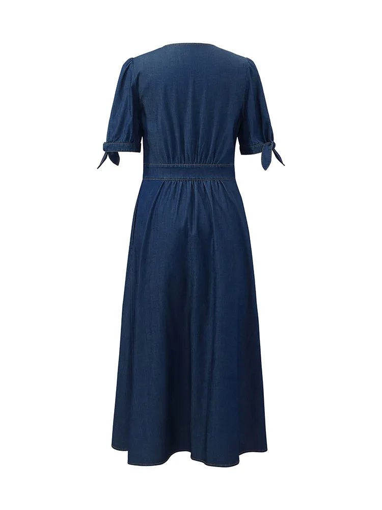 Gathered Waist Denim Women Midi Dress