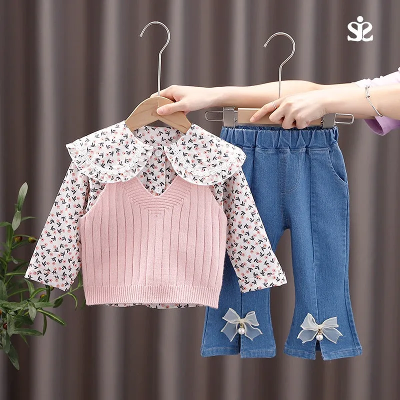 Girls Floral Turtleneck Shirt Sweater Vest Three-piece Set Wholesale Girl Clothing