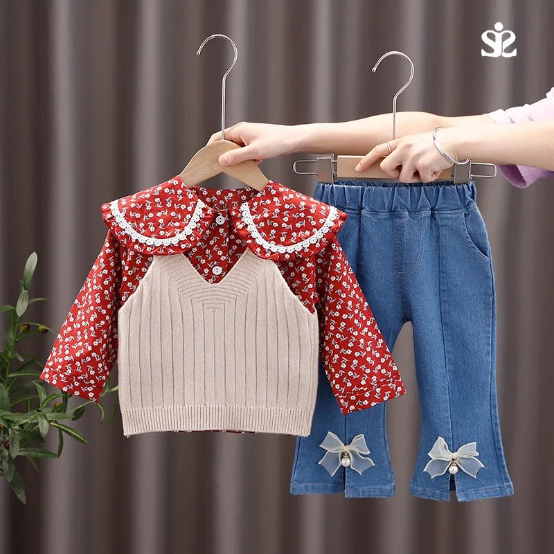 Girls Floral Turtleneck Shirt Sweater Vest Three-piece Set Wholesale Girl Clothing