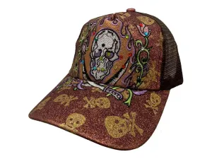 Glitter Skull Halloween XM WOMEN'S Rose Gold Mesh Back Snapback Trucker Hat Cap