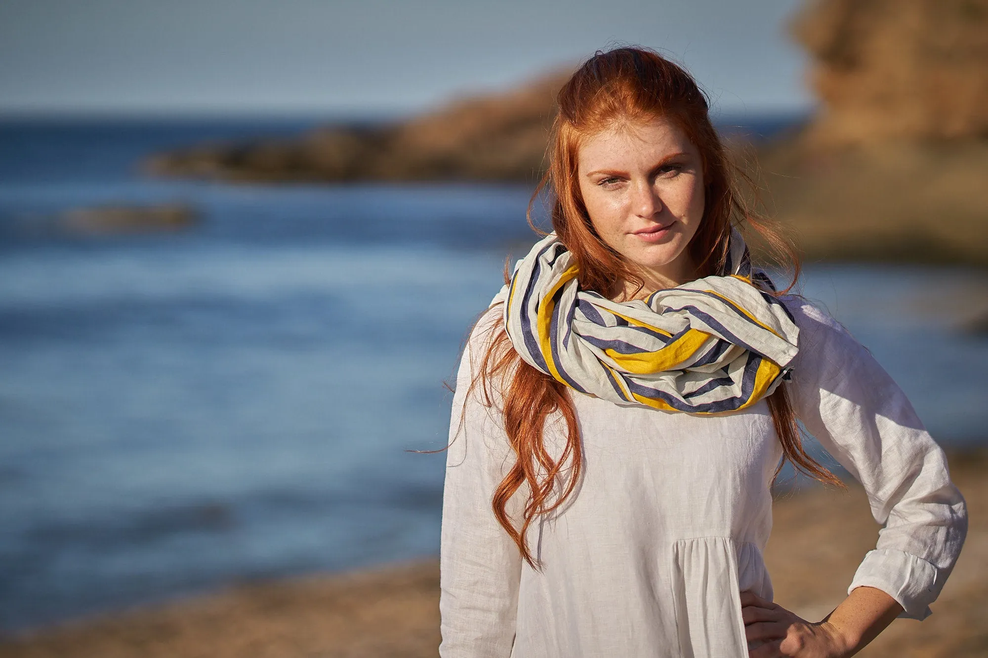 Gray & Purple Striped Linen Scarf