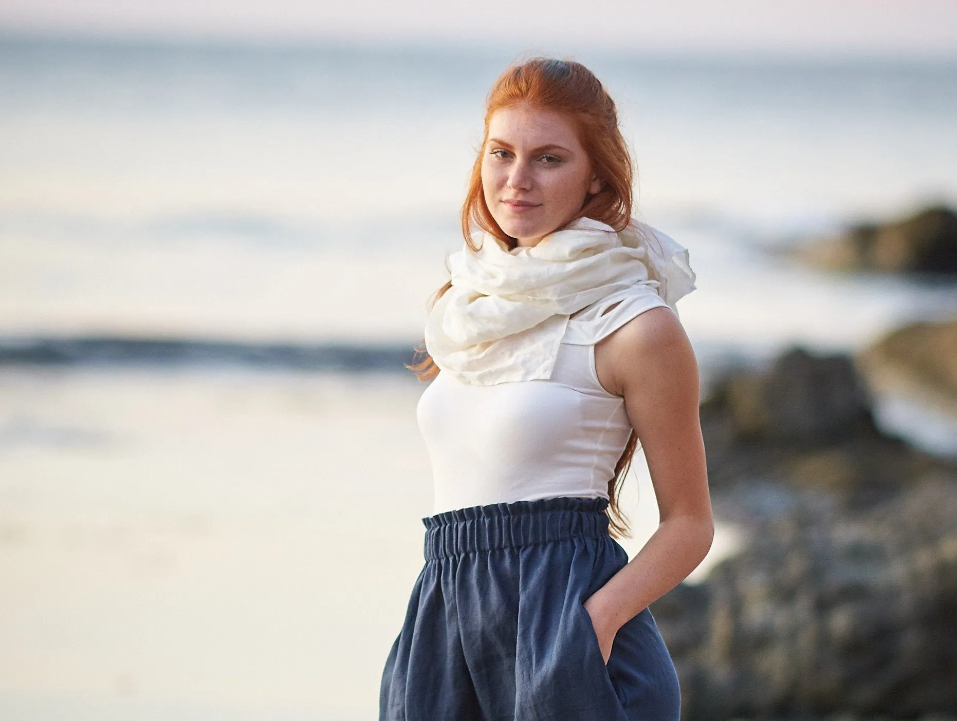 Gray & Purple Striped Linen Scarf