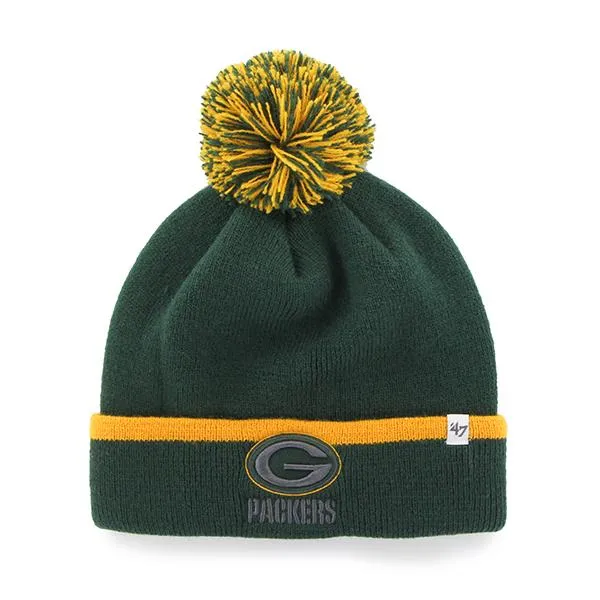 Green Bay Packers 47 Brand Green Gold Baraka Knit Cuffed Poofball Beanie Hat Cap