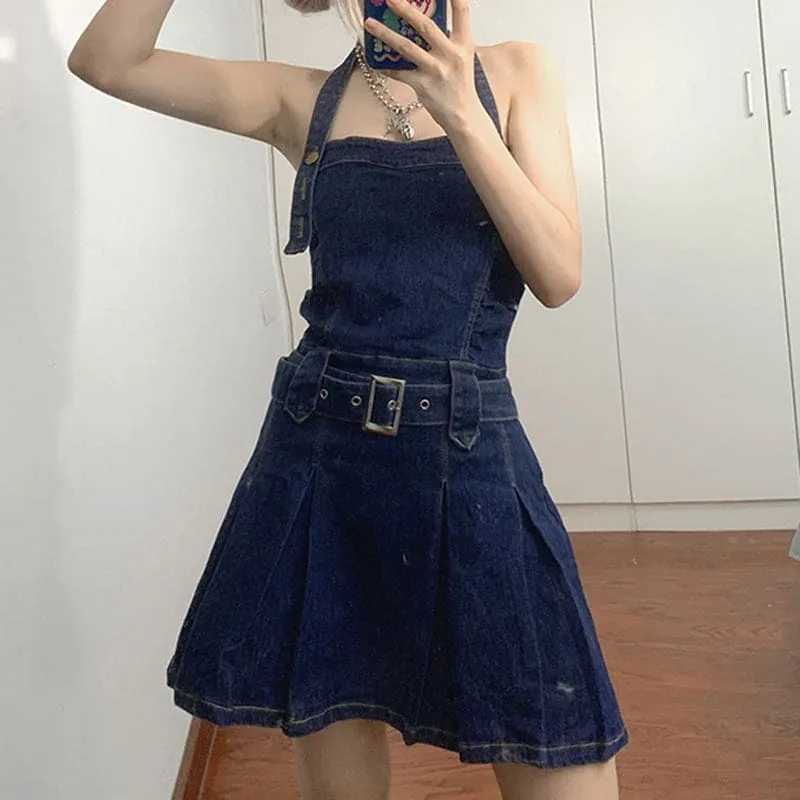 Halter Collar Pleated Hem Belted Backless Denim Dress