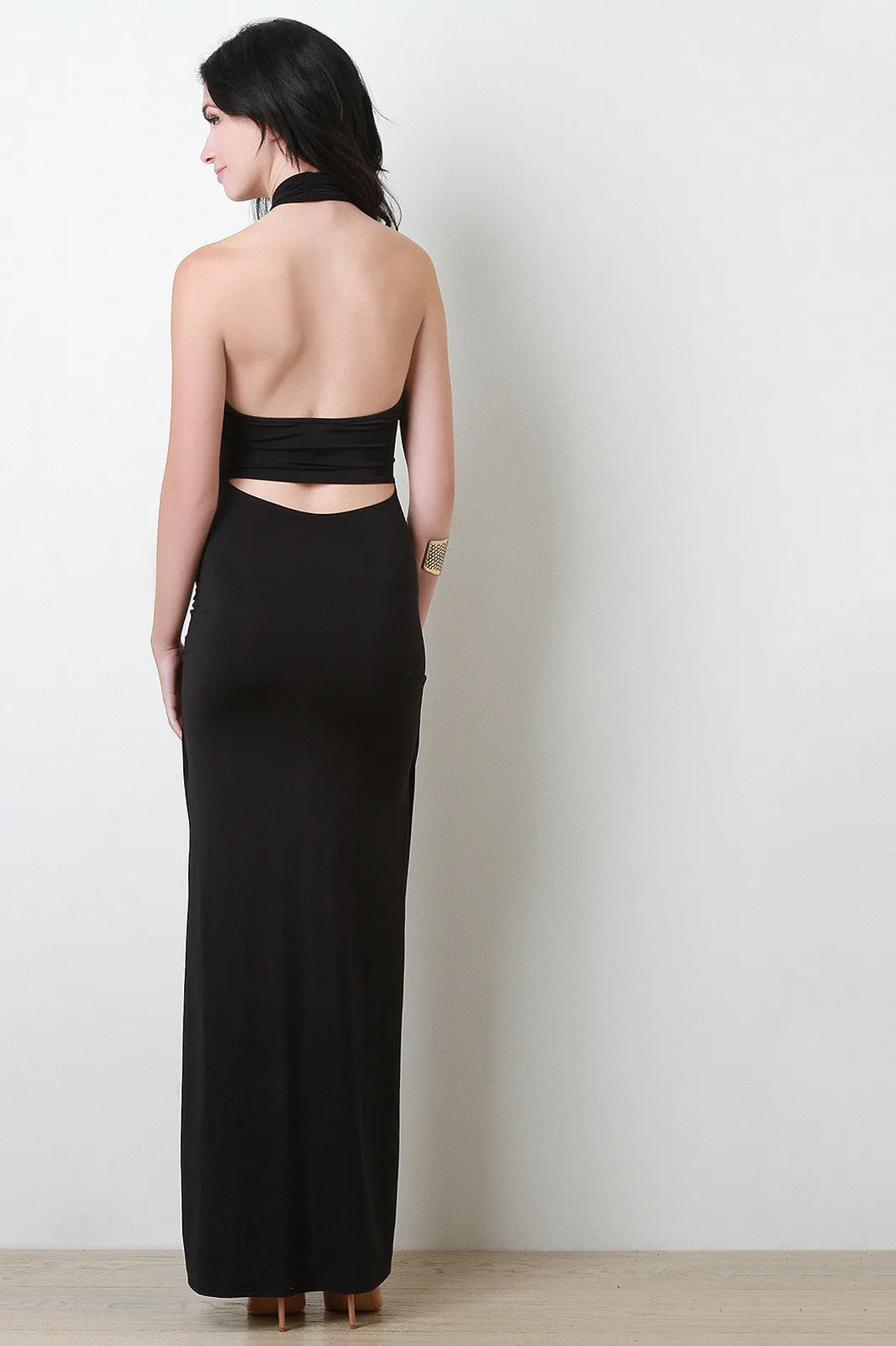 Halter Open Midriff Knotted Maxi Dress