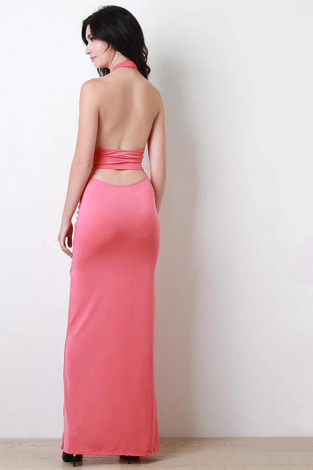 Halter Open Midriff Knotted Maxi Dress