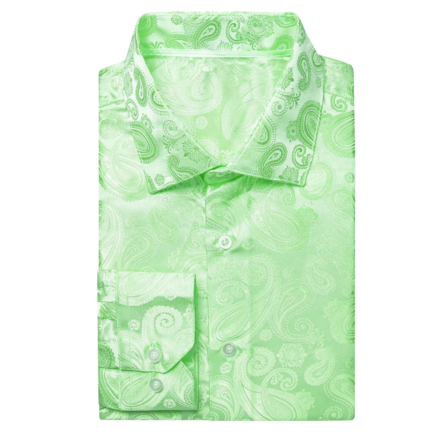 Hi-Tie Apple Green Paisley Silk Men's Long Sleeve Dress Shirt Casual