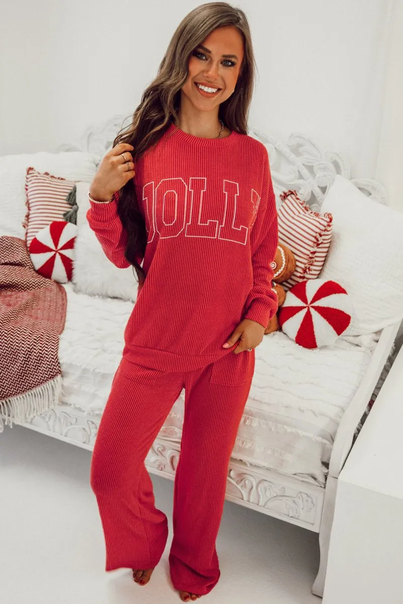 Holiday Red "JOLLY" Corduroy Long Pants Set