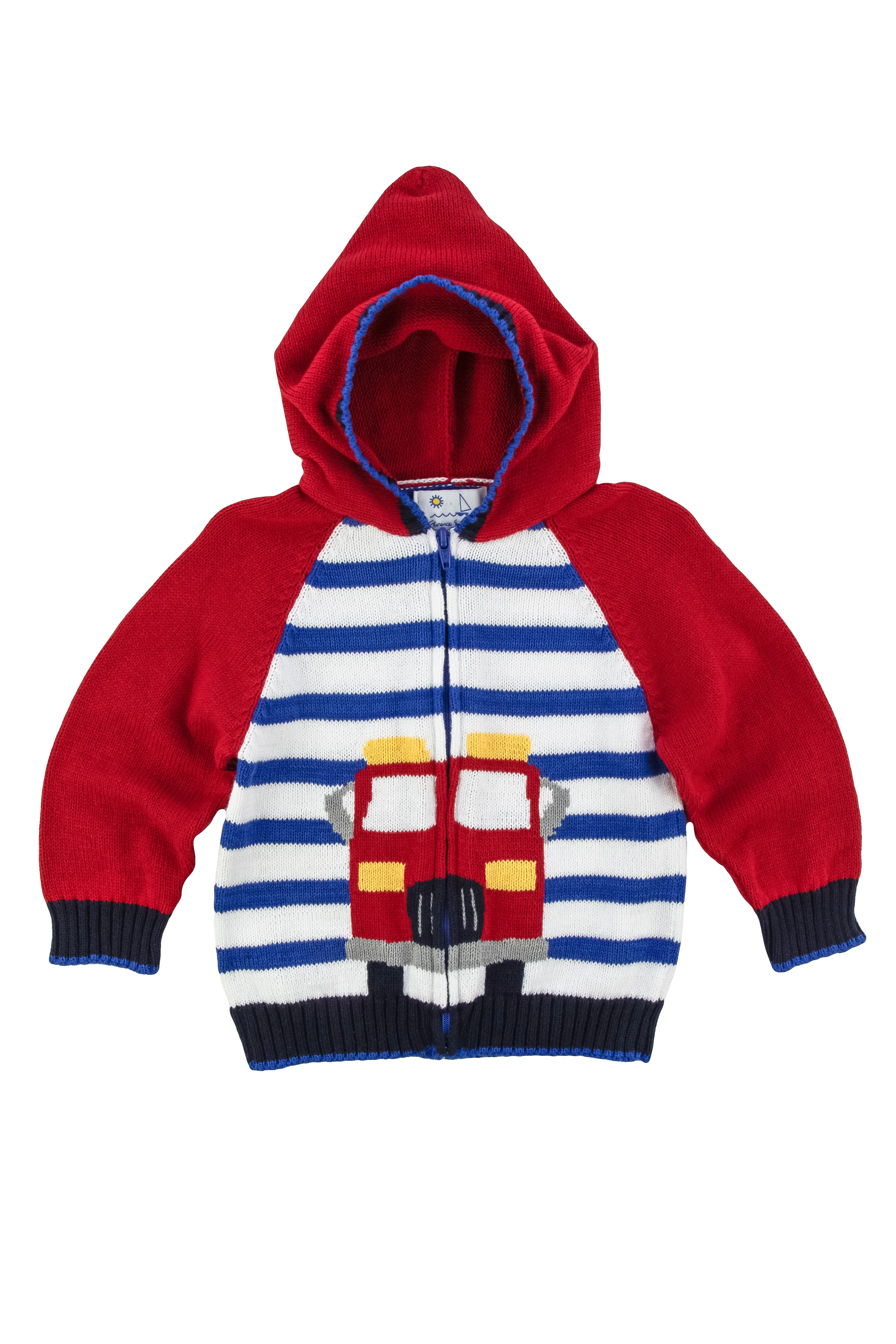 Hooded Zip Front Sweater With Fire Truck