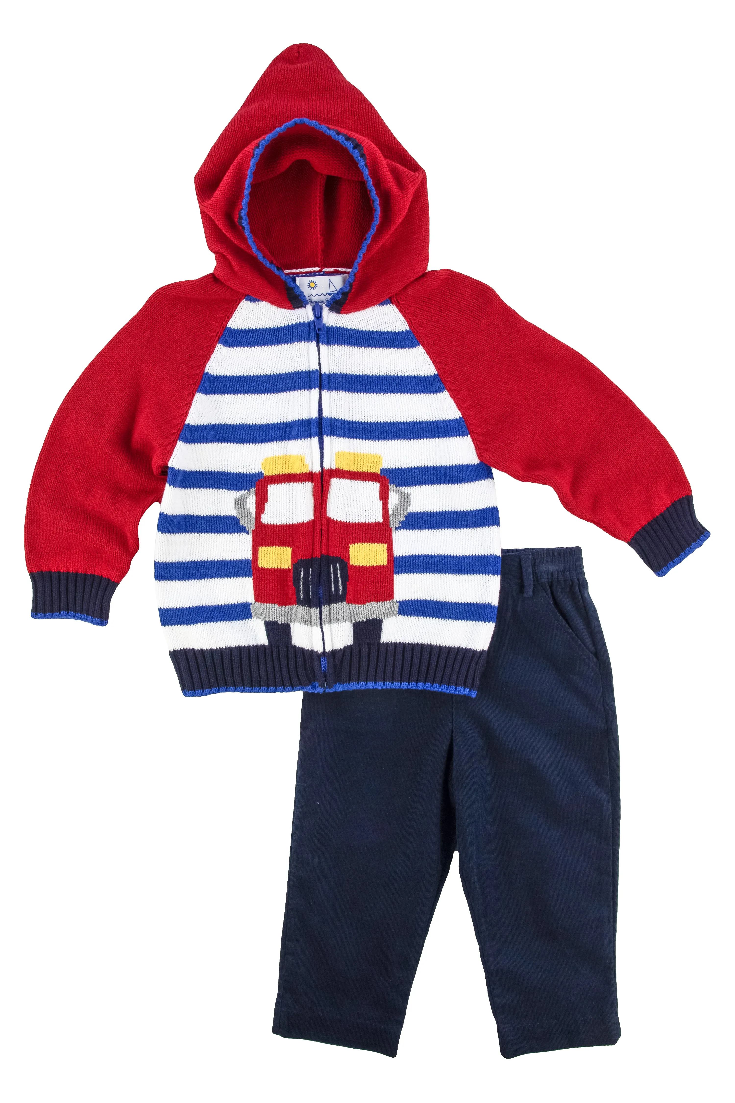 Hooded Zip Front Sweater With Fire Truck