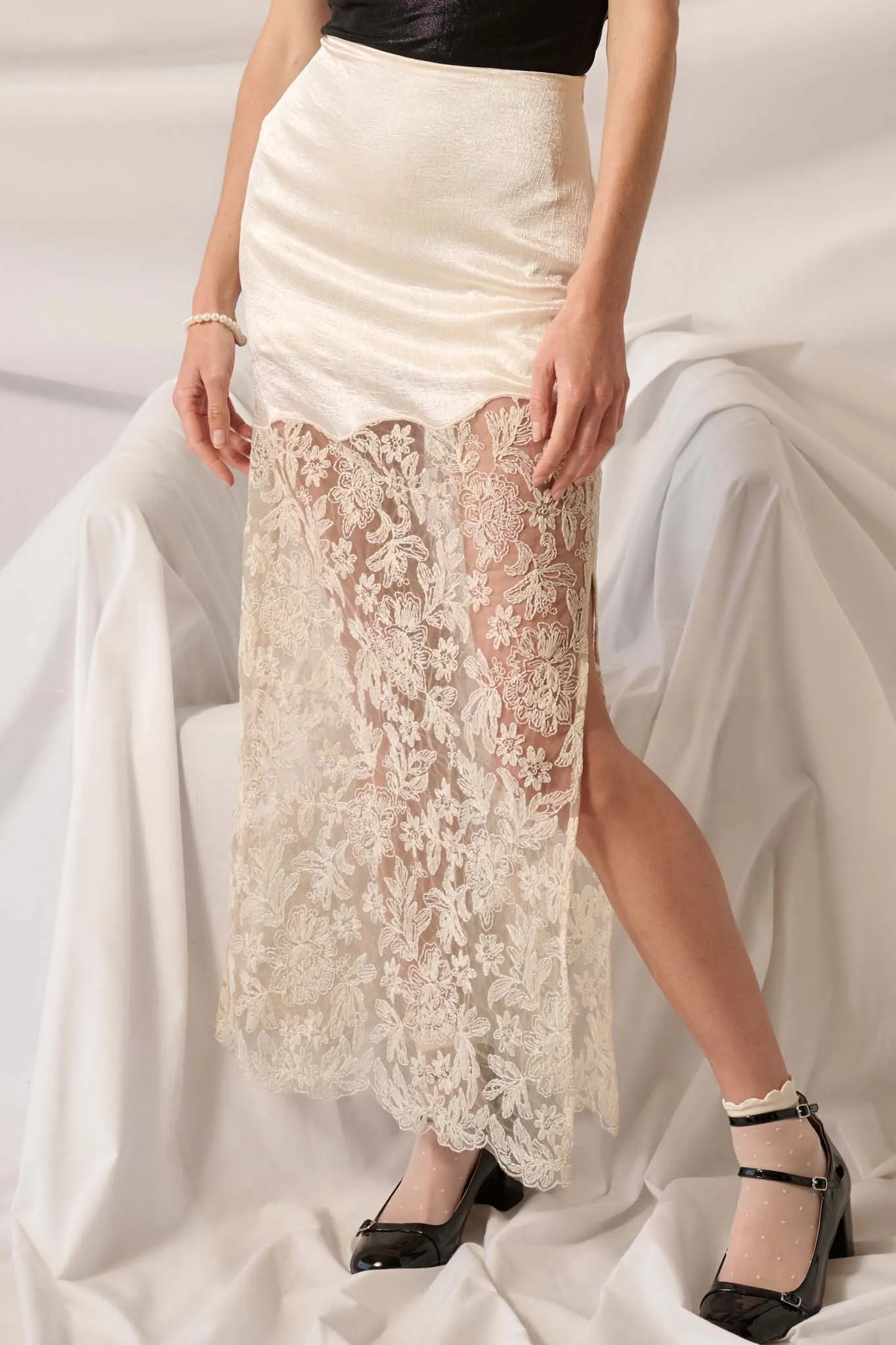 Icy Petals Satin and Floral Lace Maxi Skirt