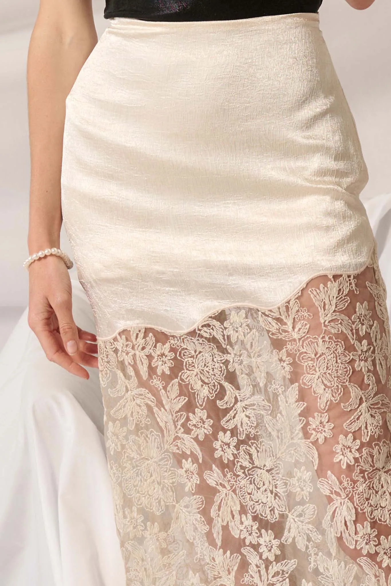 Icy Petals Satin and Floral Lace Maxi Skirt