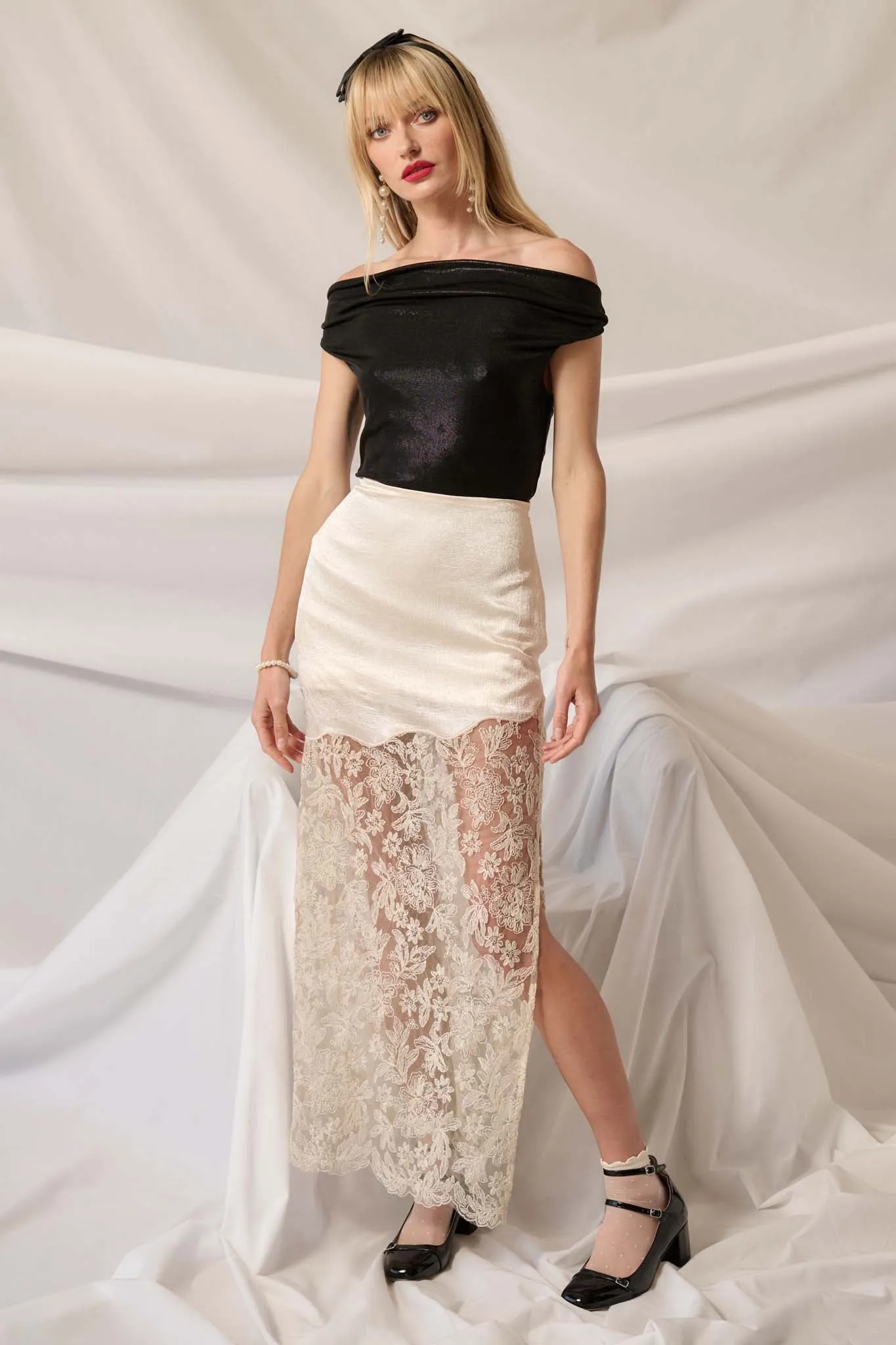 Icy Petals Satin and Floral Lace Maxi Skirt