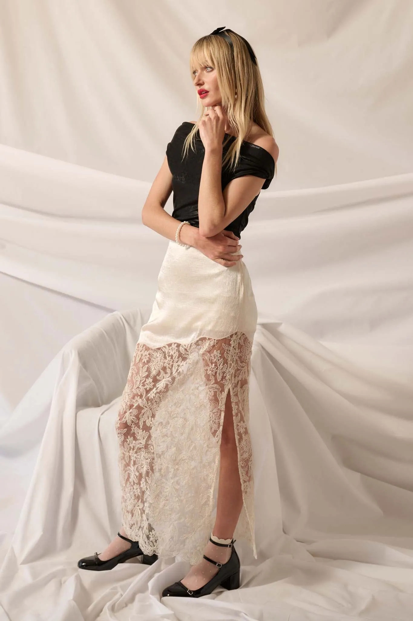 Icy Petals Satin and Floral Lace Maxi Skirt