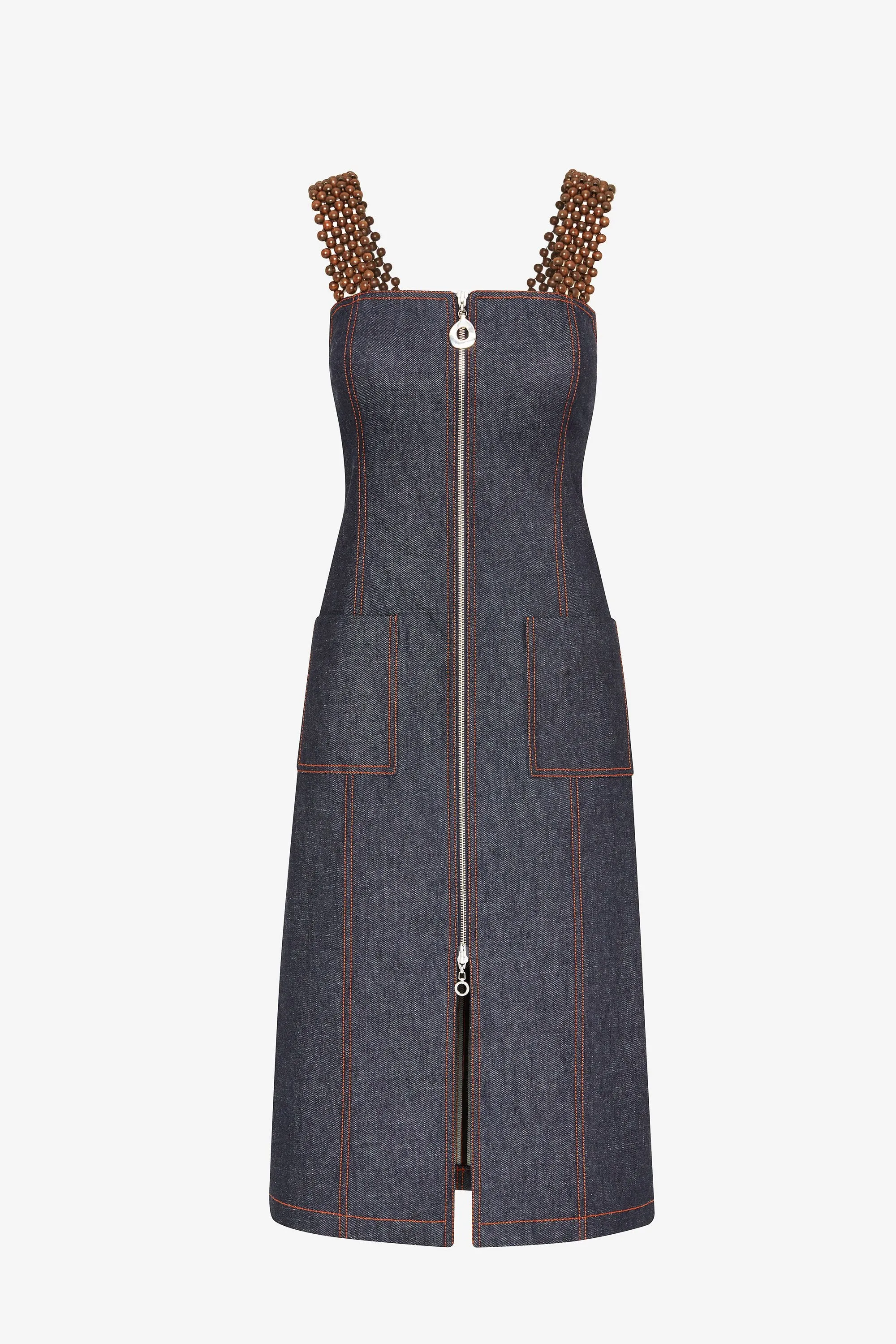 INDIGO DENIM APRON DRESS WITH BEADED SHOULDER STRAP