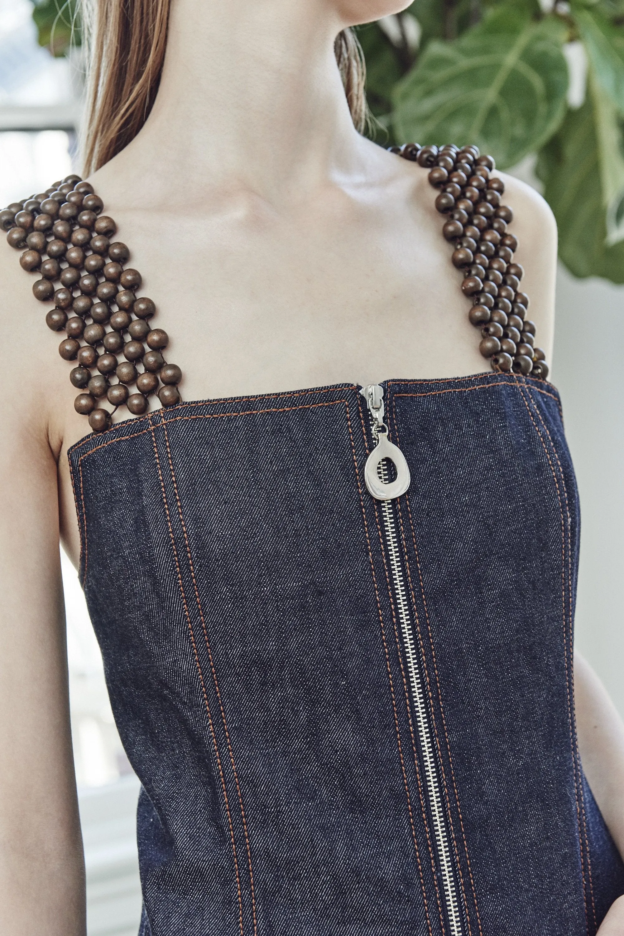 INDIGO DENIM APRON DRESS WITH BEADED SHOULDER STRAP