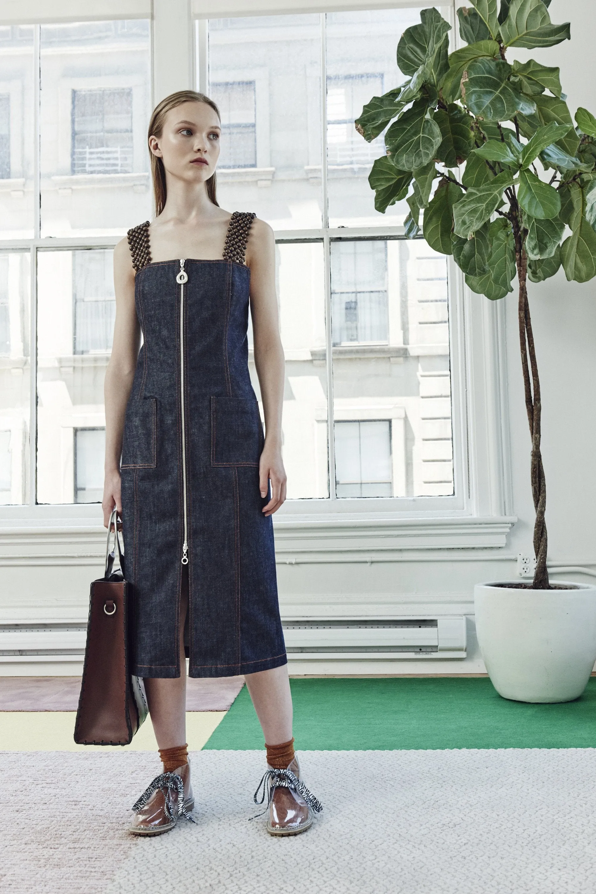 INDIGO DENIM APRON DRESS WITH BEADED SHOULDER STRAP