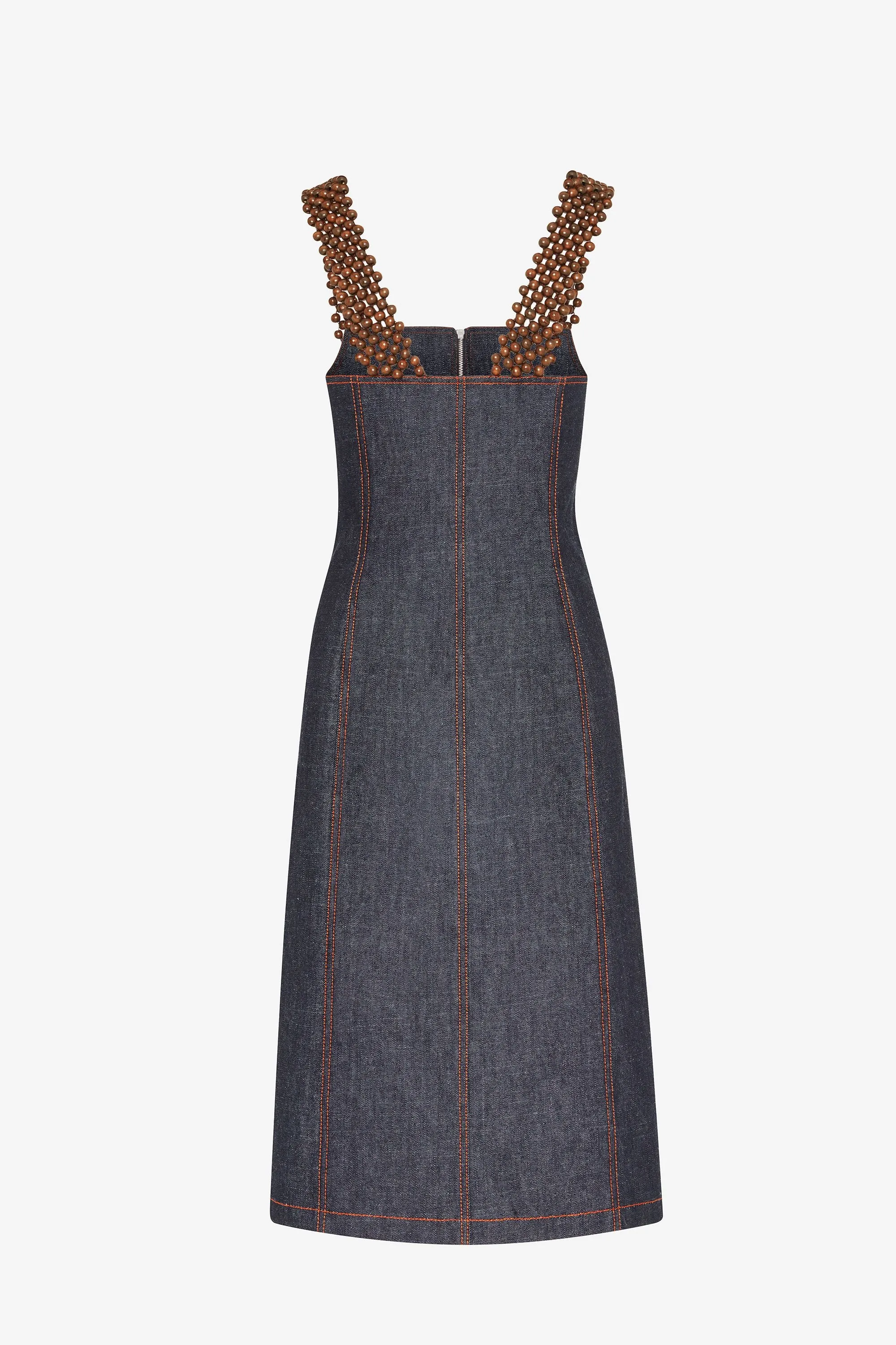 INDIGO DENIM APRON DRESS WITH BEADED SHOULDER STRAP