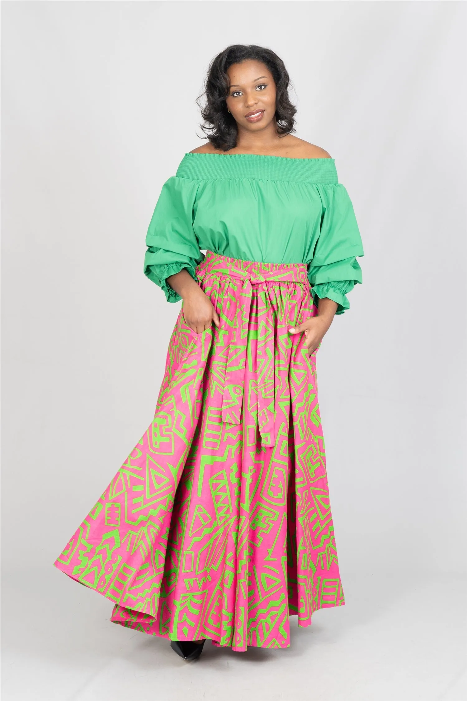 KaraChic 7001 Elastic Waist Authentic African Print Maxi Skirt