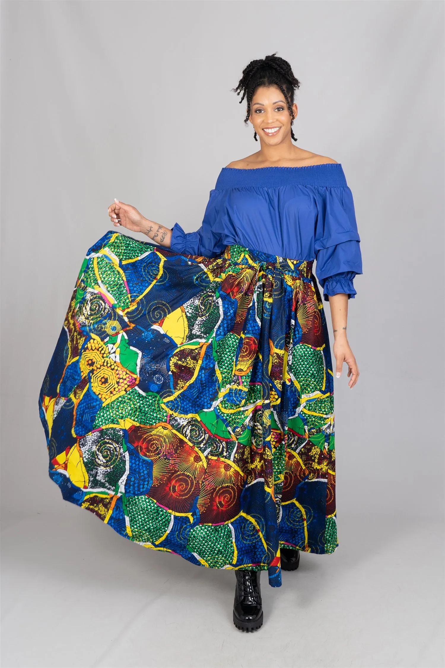 KaraChic 7001 Elastic Waist Authentic African Print Maxi Skirt