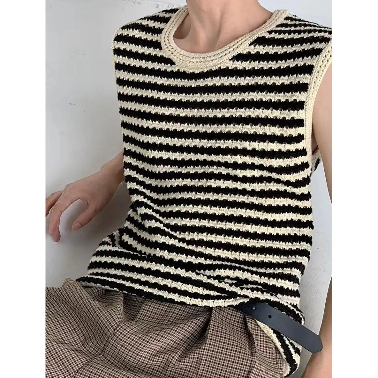 Korean Clothes Sleeveless Knitted Sweater Vest Male Striped Hollow Summer Loose Casual Harajuku Niche Design Pullover Men's Vest