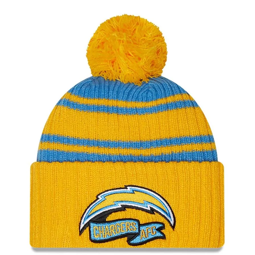 Los Angeles Chargers Powder Blue/Gold 2022 Sideline Cuffed Pom Knit Beanie