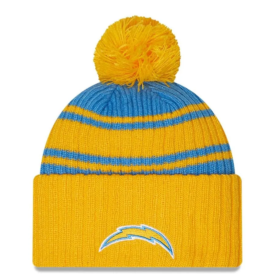 Los Angeles Chargers Powder Blue/Gold 2022 Sideline Cuffed Pom Knit Beanie