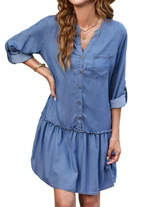 Medium Blue Women's Brief Loose Denim Button Down Dress with Pockets