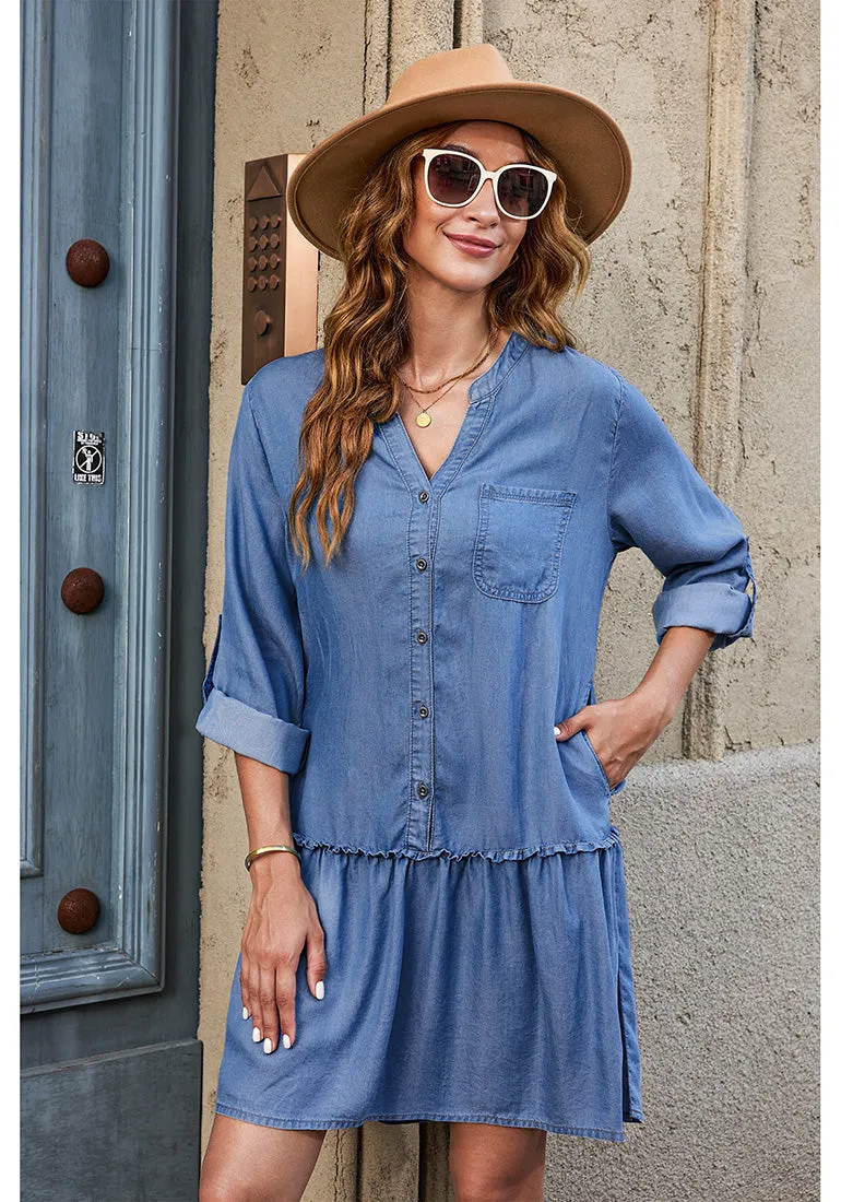 Medium Blue Women's Brief Loose Denim Button Down Dress with Pockets