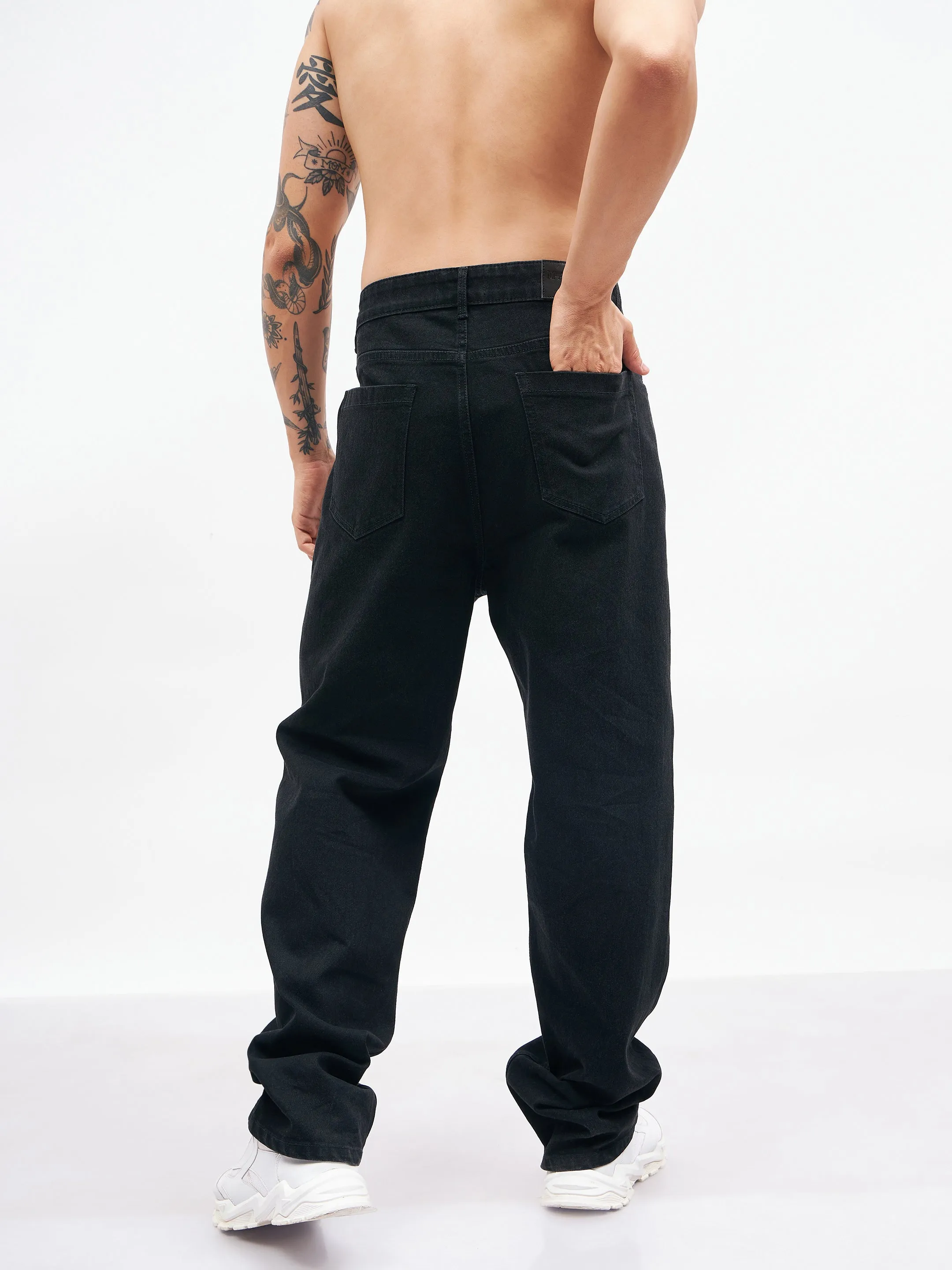 Men Black Knee Slit Relax Fit Jeans