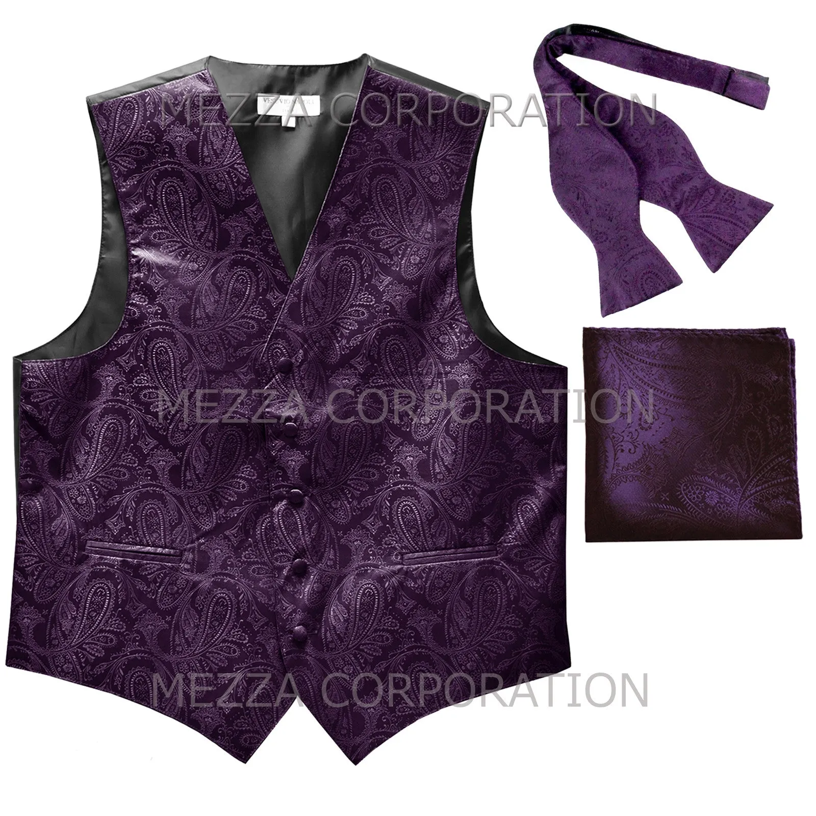 Men's paisley Tuxedo VEST Waistcoat_self tie bowtie & hankie set dark purple