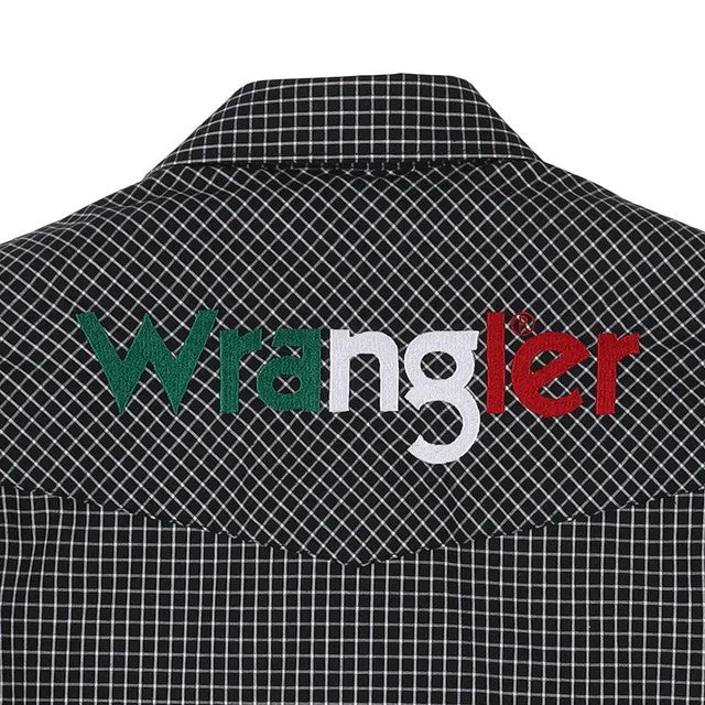 MEN'S WRANGLER LOGO MEXICO LONG SLEEVE FASHION WESTERN SNAP PLAID SHIRT IN BLACK PLAID