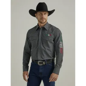 MEN'S WRANGLER LOGO MEXICO LONG SLEEVE FASHION WESTERN SNAP PLAID SHIRT IN BLACK PLAID