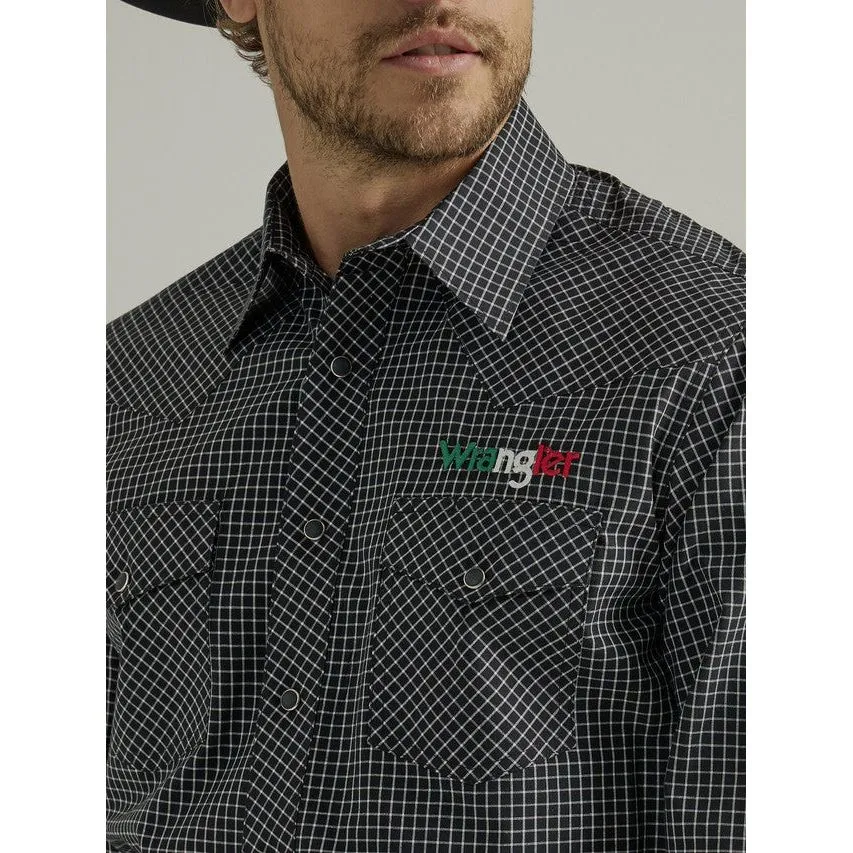 MEN'S WRANGLER LOGO MEXICO LONG SLEEVE FASHION WESTERN SNAP PLAID SHIRT IN BLACK PLAID